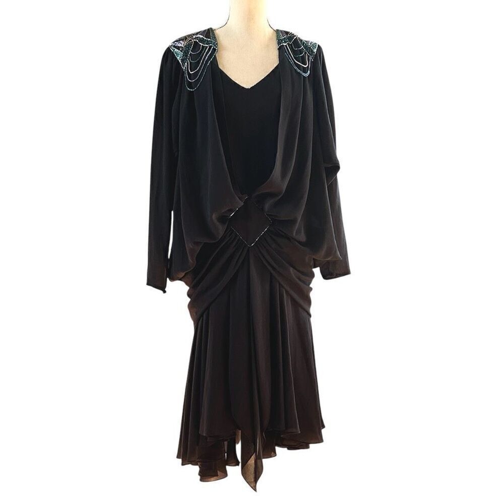 Vintage 80’s Casadei 20’s Inspired Beaded Black Cocktail Dress 8